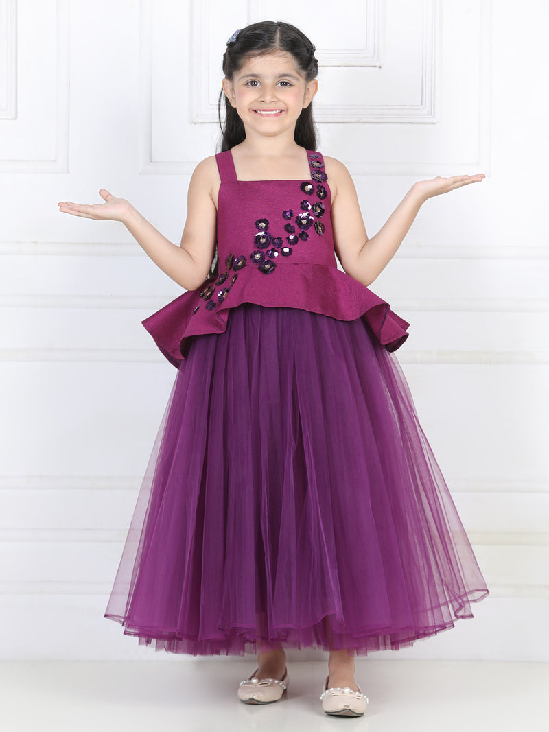 coral and fuchsia pink party wear gown with heavy and crafted yoke and  petal detailing | Party wear, Kids dress collection, Party wear gown